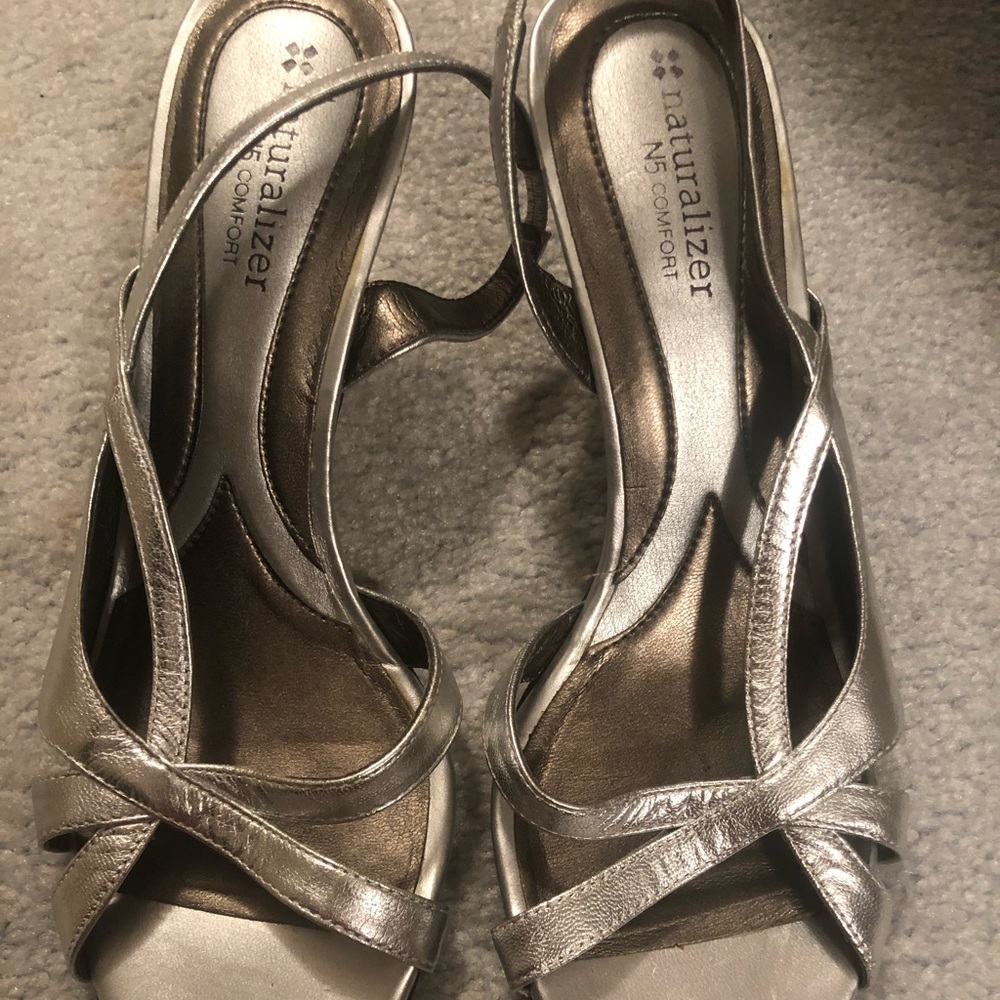 Silver sling back heels